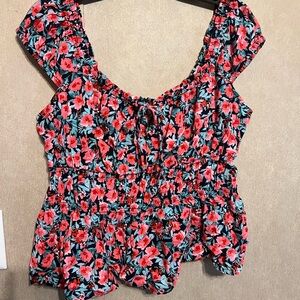 Old Navy Red and Blue Ruffled Tie Front Blouse